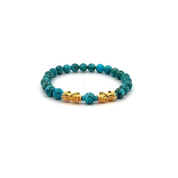 18K Gold Pixiu Double Piyao Bracelet Gemstones December Turquoise Birthstone 6mm - Picture 5 of 6